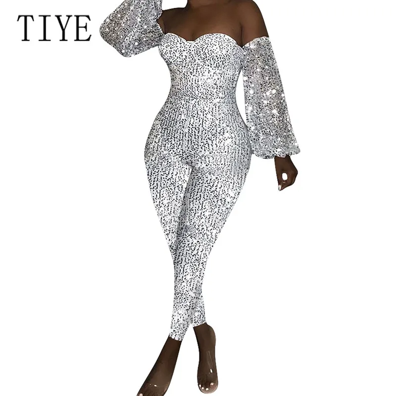 

TIYE Sexy Off Shoulder Long Sleeve Sequined Silver Jumpsuits Rompers Women Long Playsuits Sequin Club Party Bodycon Overalls