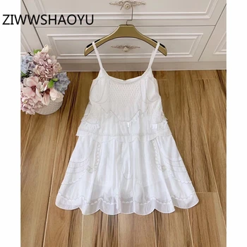 

ZIWWSHAOYU Women Summer Backless White Spaghetti Strap Dress Gorgeous Beading Sequined Ladies Bohemian Holiday Mini Dresses