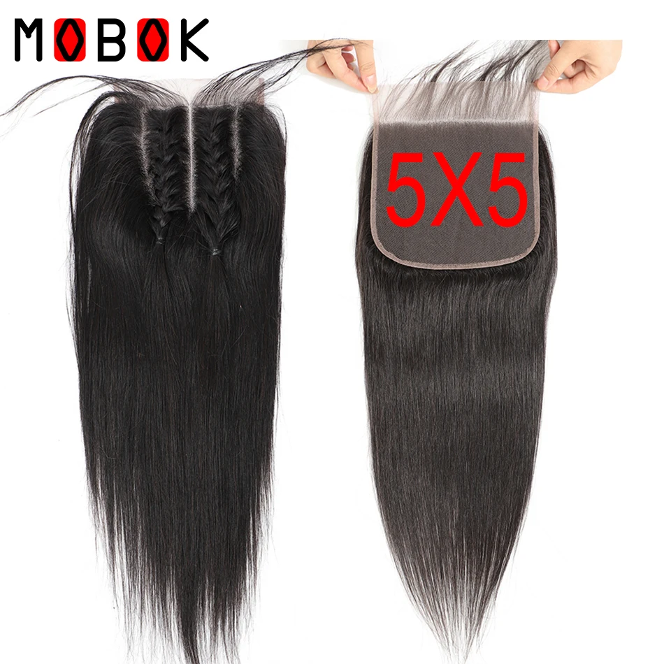 

MOBOK 1 Piece 5x5 Lace Closure Staright Brazilian Human Hair Natural Color Remy Hair Middle/Free/Three Part Free Shipping
