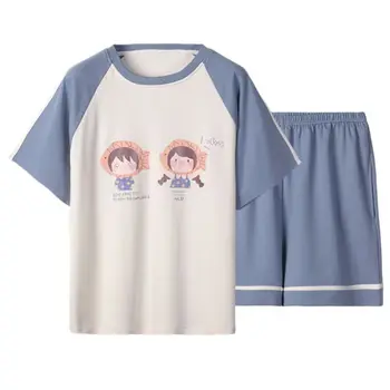 

Women Summer Plus Size 2 Piece Cotton Pajamas Set Cartoon Strawberry Fruits Short Sleeve Sleepwear Wide Leg Loose Homewear Leisu