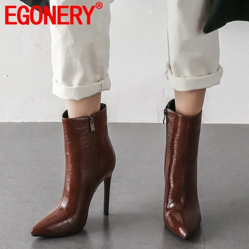 

EGONERY winter new fashion ankle boots outside sexy super high heels pointed toe zip plus size party women shoes drop shipping
