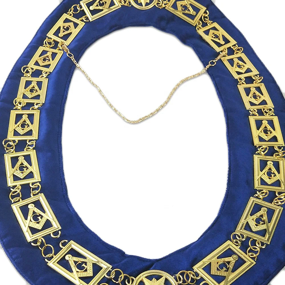 

Masonic master Mason chain collar blue velvet backing G silver plated compass and square with Masonic emblems metal