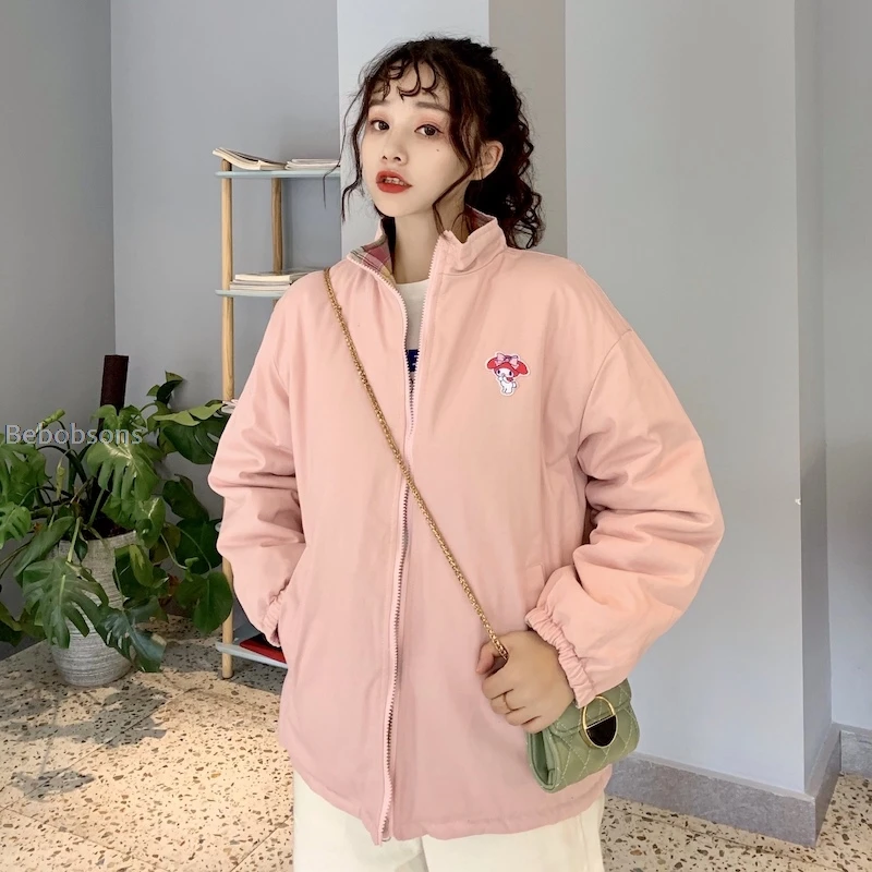 Winter New Preppy Style Rabbit Embroidery Powder Plaid Jacket On Both Sides Wearing Thick Warm Jacket Autumn Women's Cotton Coat