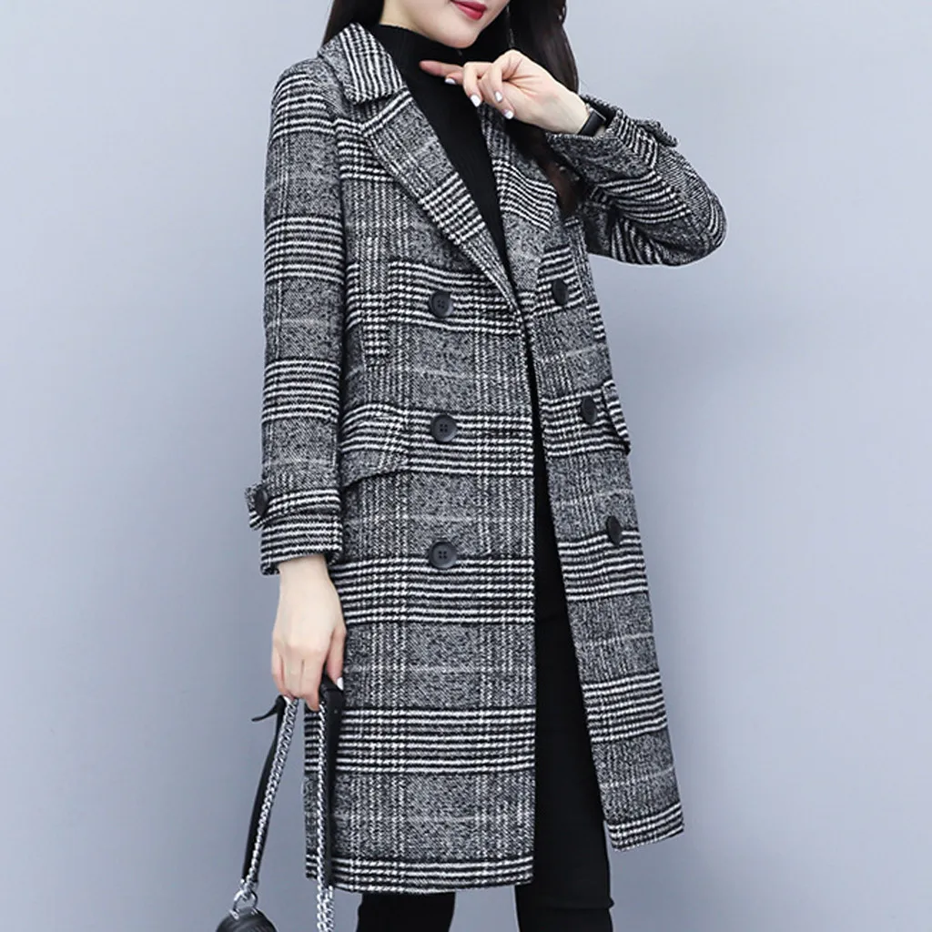 CHAMSGEND клетчатое шерстяное пальто женское пальто с отложным воротником для офиса повседневное шерстяное зимнее теплое пальто с карманами женское# 4z
