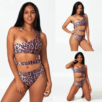 

2020 Newest Women Sexy One Shoulder Underwear Leopard Print Hollow Out Jumpsuit Bathingsuit Push Up Padded ropa de playa Biquini