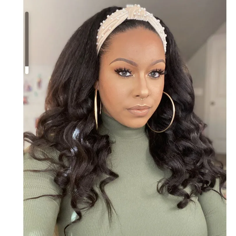 

250% Density Wavy Human Hair Headband Wig Easy to Install Brazilian Glueless Machine Made None Lace Wigs Black Color 1#/2#/4#