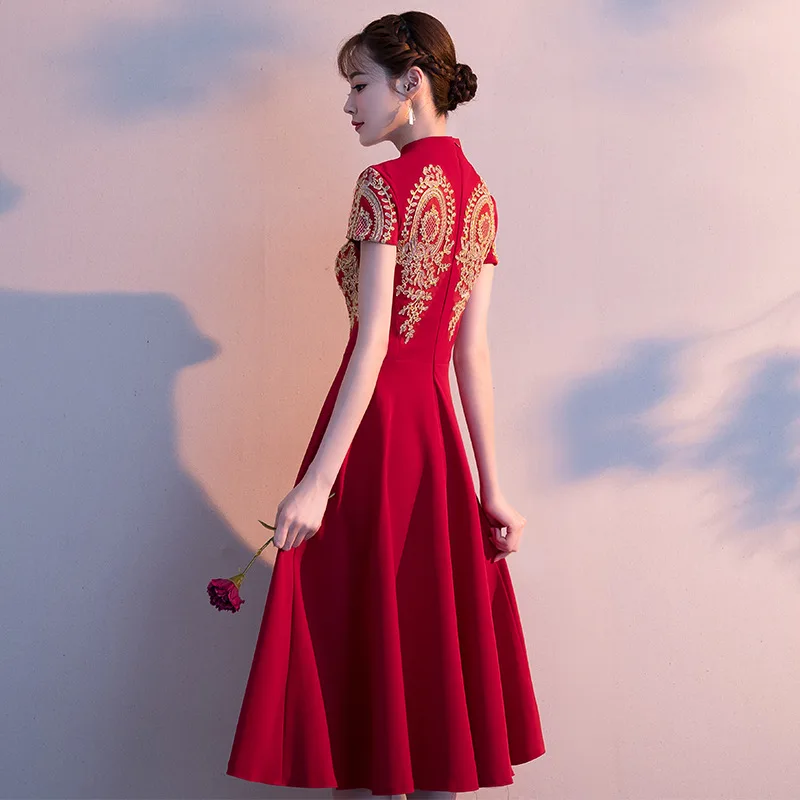 Новое вышитое свадебное платье Cheongsam бургундского цвета воротник-стойка китайское платье благородное платье De Soiree