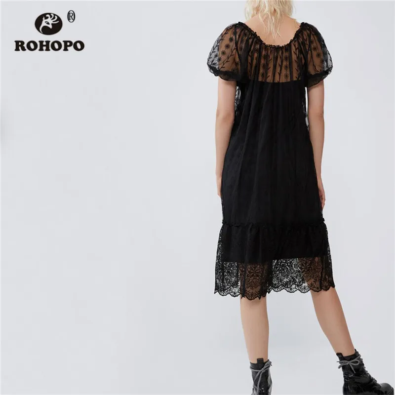 ROHOPO, Двухслойное, пышное, рукав, оборки, вышивка, цветочный рисунок, черное, кружевное платье, плиссированное, для девушек, Осеннее, сексуальное, праздничное, Vestido#2246