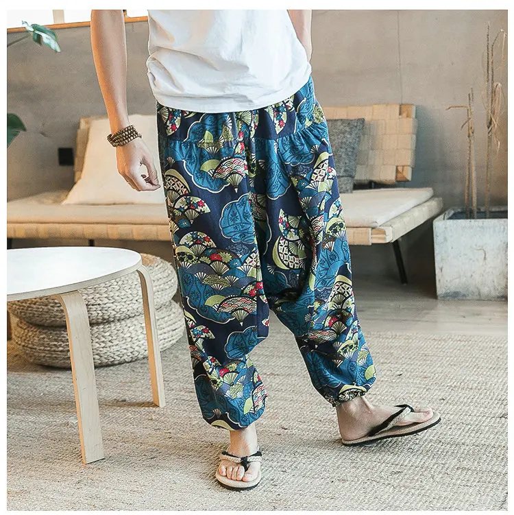 Nice Harajuku Cotton Linen Harem Cross Pants Men Jogger Pants Male Summer Floral Print Hawaii Beach Pants Trousers