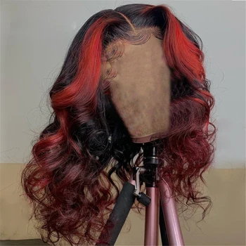 

Mixed Red And Black 13x4 Lace Front Human Hair Wigs For Black Women Pre Plucked Wig Average Cap Size 150% Closure Wig