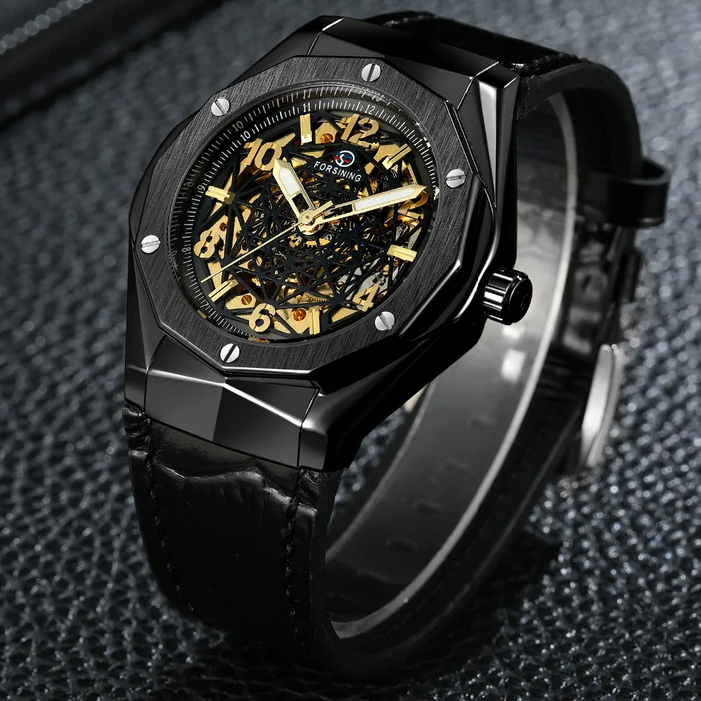FORSINING Роскошные брендовые автоматические механические мужские часы с кожаным ремешком с полым скелетом спортивные часы Relogio Masculino