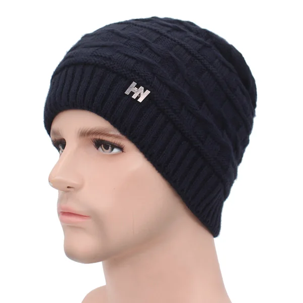 navy Брендовые зимние вязанные шапочки Skullies Beanies мужские зимние шапки для мужчин женская шапка-маска теплая Толстая Мужская однотонная зимняя шапка - Цвет: navy