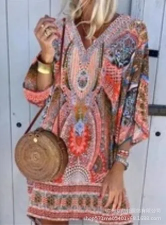S-3XL Big Size Boho Dress Female Vintage Print Tops Long Sleeve Retro Loose Women Short Beach Dresses 2020 Autumn Fashion