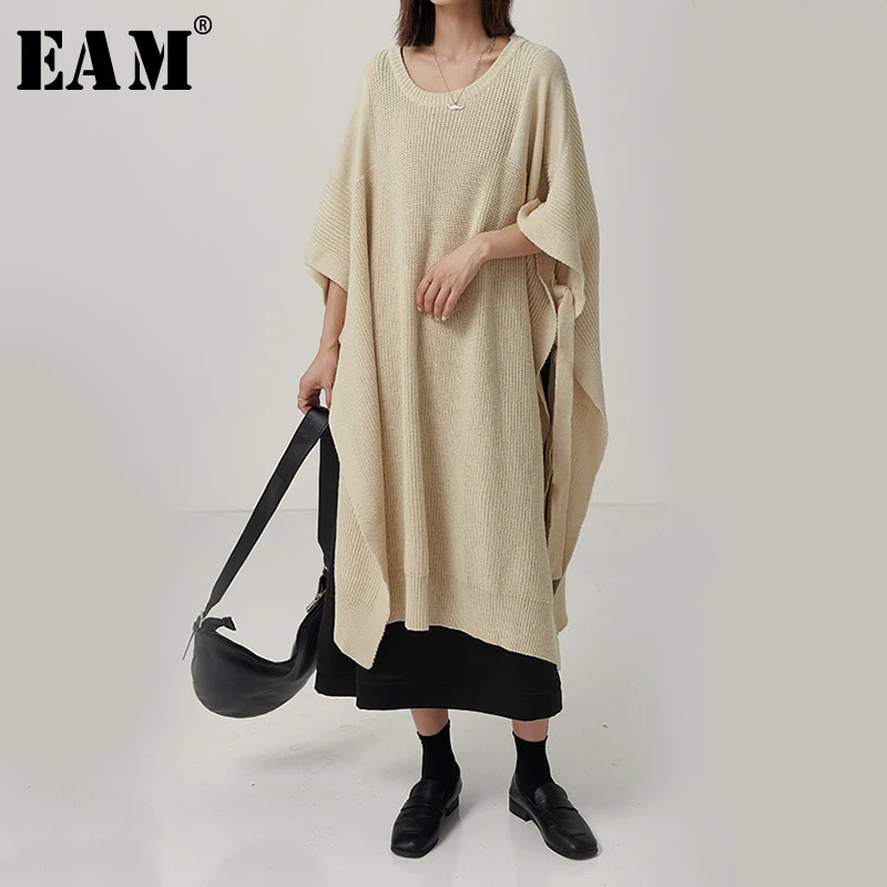

[EAM] Side Vent Long Big Size Knitting Sweater Loose Fit Round Neck Long Sleeve Women New Fashion Tide Spring Autumn 2020 1B599