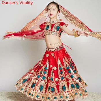 

Indian Dance Wear Embroidered Sequin Top Skirt Veil Pants Set Chilren Girls Oriental Belly Dance Performance Costume Stage Suit