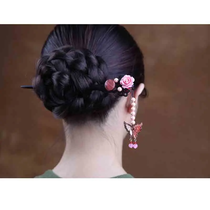Kanzashi палочка для волос Элегантный держатель булочка черного дерева с жемчугом и кисточками китайское японское кимоно юката аксессуары для волос HS014