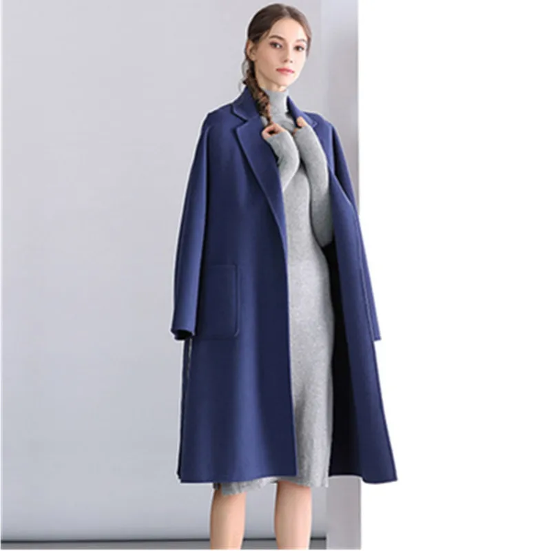 High Quality Wide Lapel Women Wool Coat With Belt Loose Woolen Female Coat Open Stitch Winter Wool Jacket Casaco Feminino