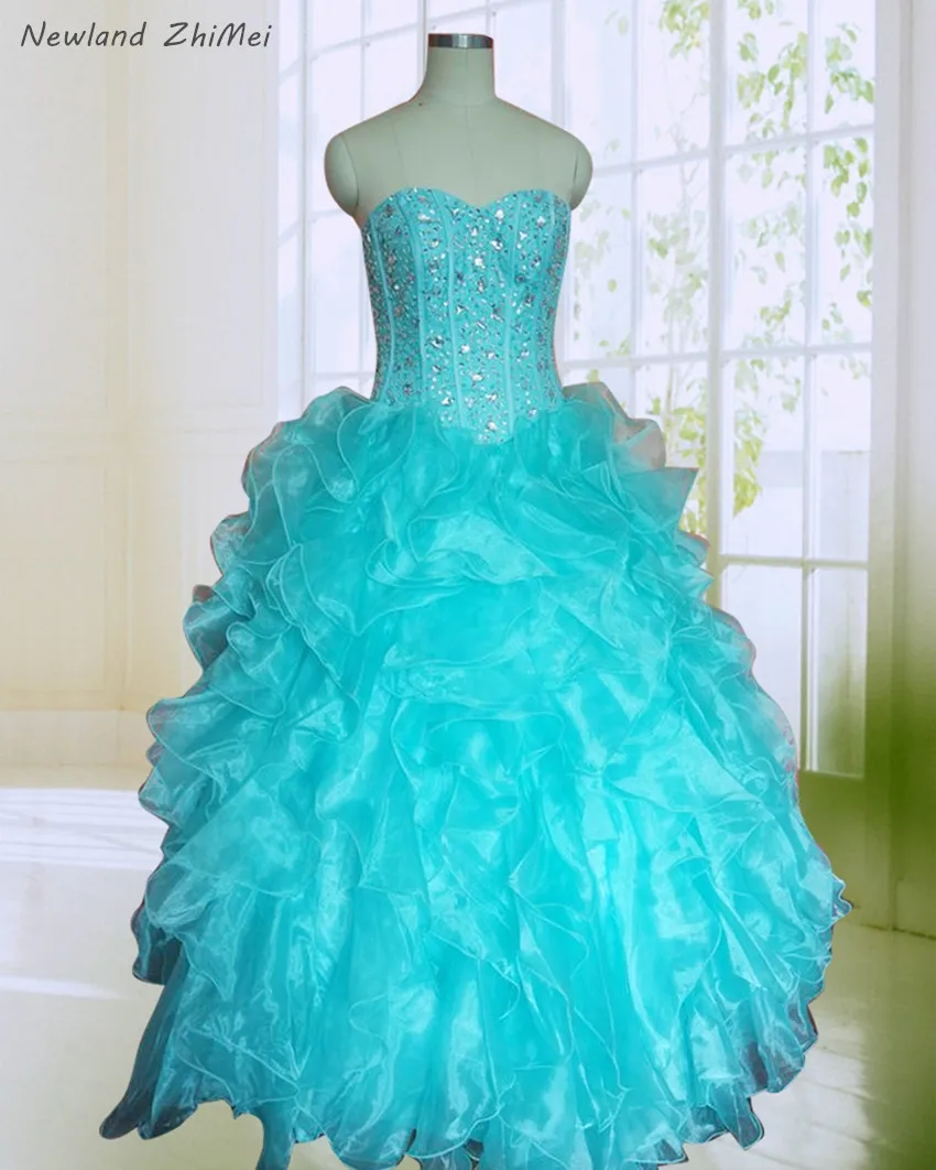 Классический Quinceanera платье 2018 Потрясающие Милая Кружево на спине Бусины оборками из органзы бальное платье для девочек Платья для