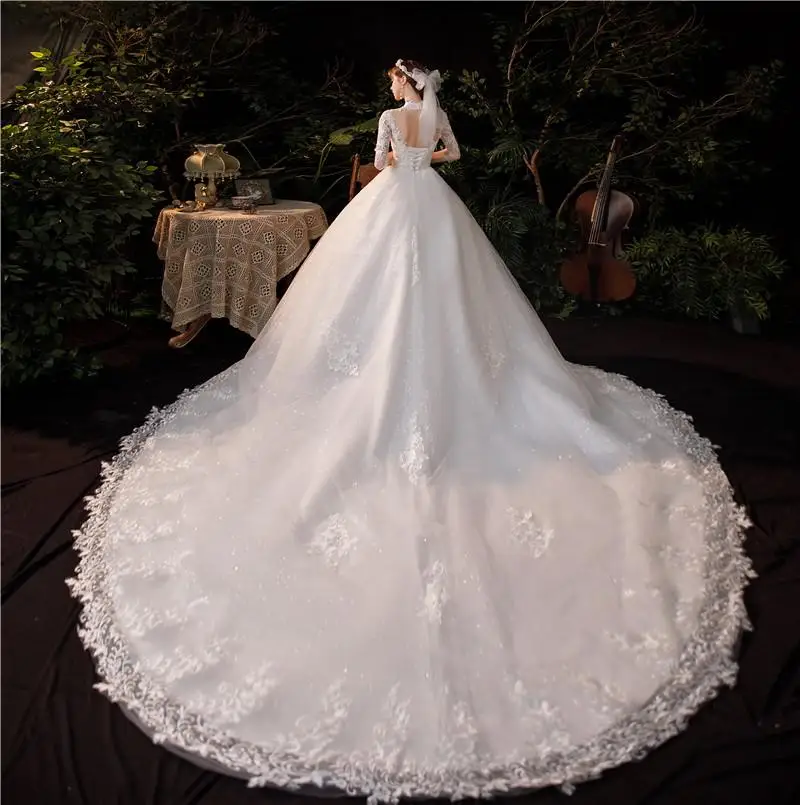 Luxury Lace Applique Long Train Wedding Dresses Embroidery High Bride Dress Plus Size With Sleeve Three Quarter Vetidos De Novia ball gown wedding dress Wedding Dresses