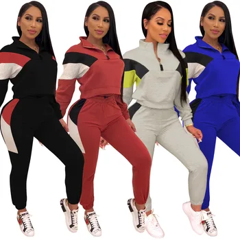 

Fashion Stitching Stand Collar Leisure Suit European And American Ontrast Color Stitching Two-piece Leisure Set