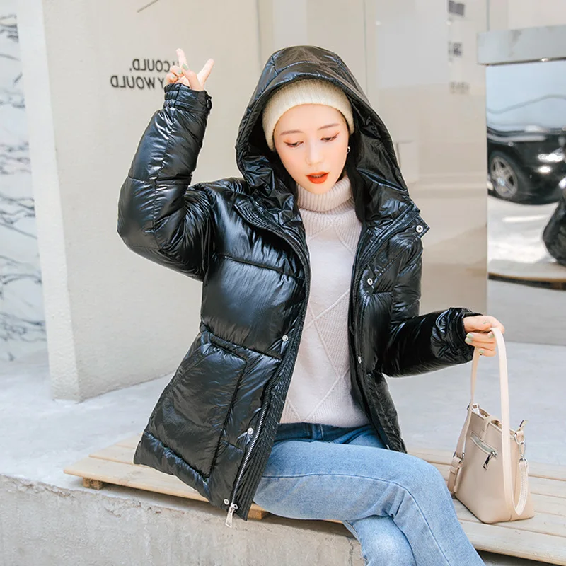

201 Winter New Style Bright Surface Cotton-padded Jacket Students INS down Coat Mid-length Hooded Loose-Fit Padded Cotton-padded