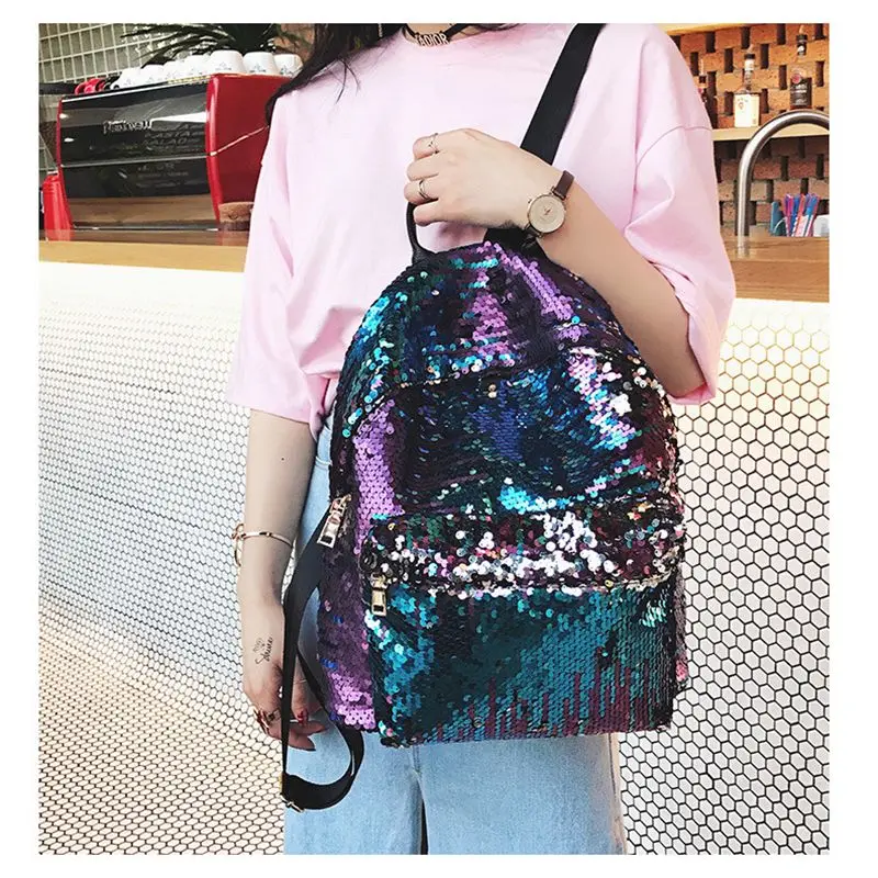 Girls Small Sequin Backpack Glitter Bling Rucksack for School Women Shiny Casual Daypack(Blue