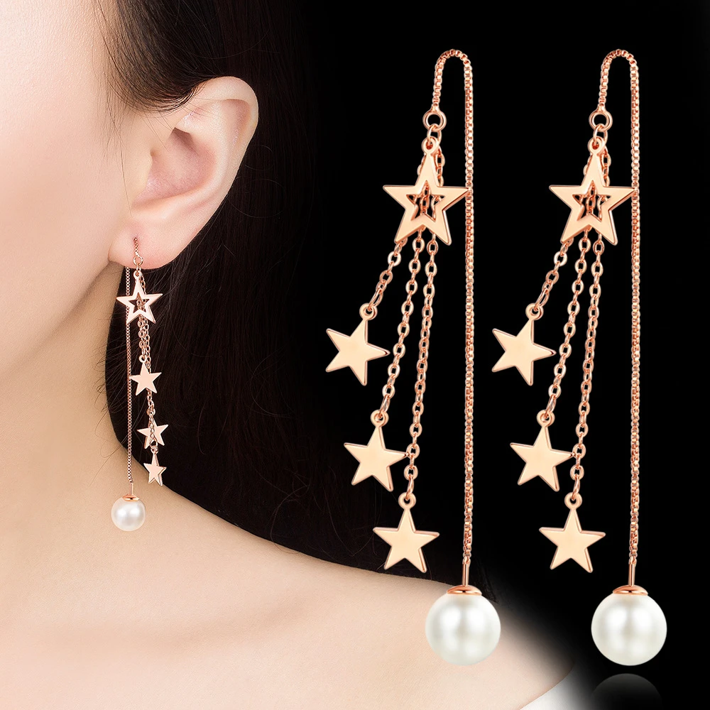 New Fashion Five-pointed Star Gold Color Long Tassel Chain Stud Earrings Jewelry