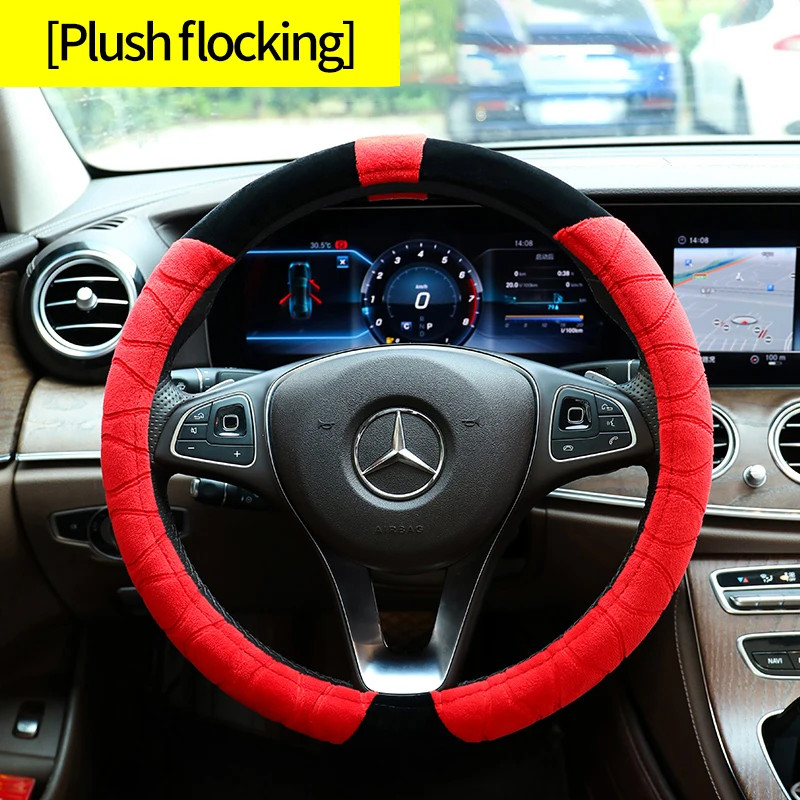 black spelled red Универсальный Авто оплетка автомобиля кожаный чехол на руль мех Короткие Плюшевые Нескользящие зимние теплые диаметр 38 см аксессуары - Название цвета: black spelled red