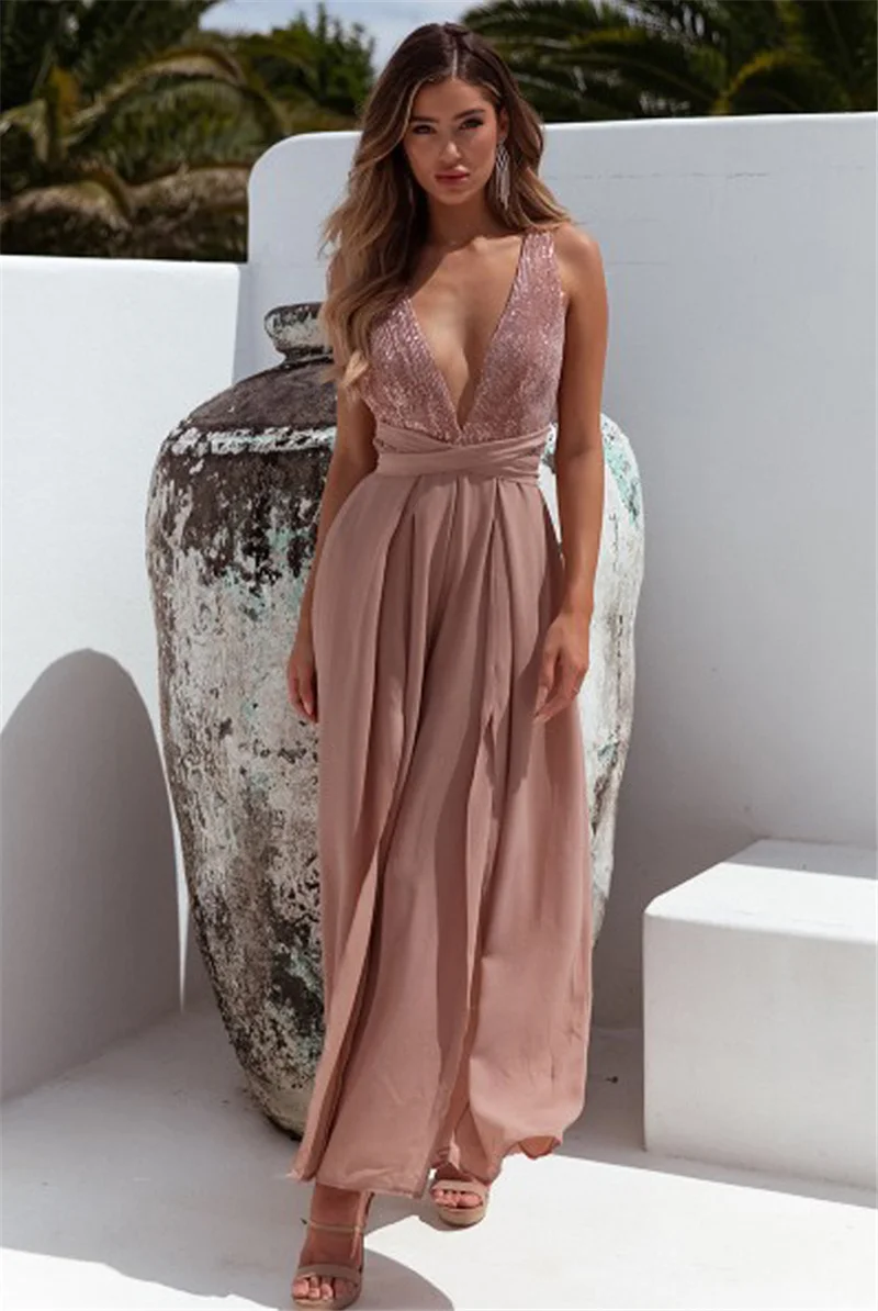 Women Sleeveless Backless Loose Jumpsuit Romper Playsuit Sexy Party Clubwear Deep V neck Slipt Leotard