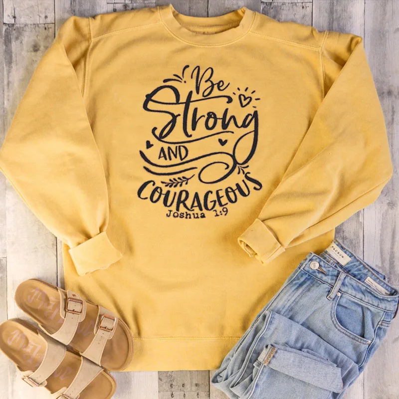 gold tee black text Быть сильным и смелым христианский свитер религиозная модная одежда Хлопок Crewneck Библейский стих винтажные толстовки с капюшоном Иисуса Топы - Цвет: gold tee black text
