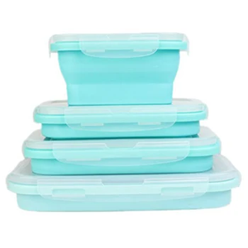 

Quality 4 Piece Set Blue Food Grade Silicone Lunch Box Folding Eco-Friendly Food Container Bento Box Collapsible Portable Microw