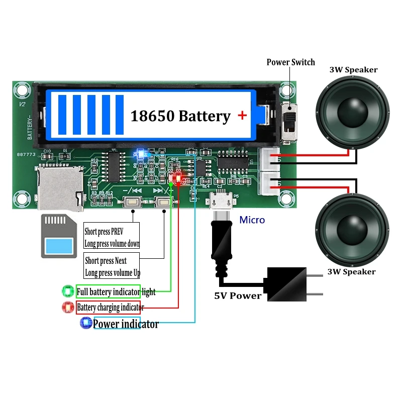 XH A152 PAM8403 3 Вт + плата стерео усилителя звука с поддержкой TF карты Play18650 зарядка