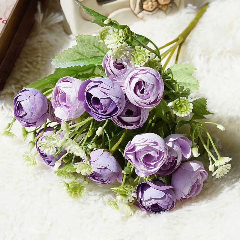 A-Purple 1 букет свежих искусственных роз шелковые Чайные розы DIY букет поддельные цветы для свадебной вечеринки украшение дома - Цвет: A-Purple
