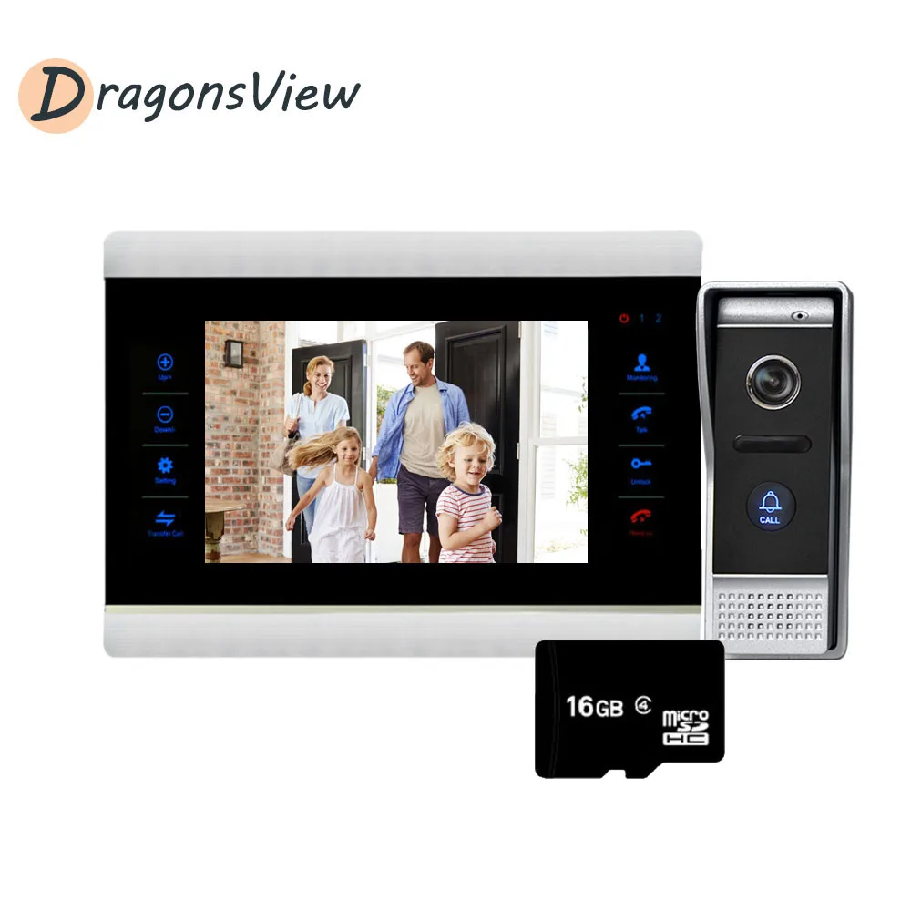 Видеодомофон Dragonsview 7 дюймов цветная камера 1200TVL с датчиком движения SD карта на 16