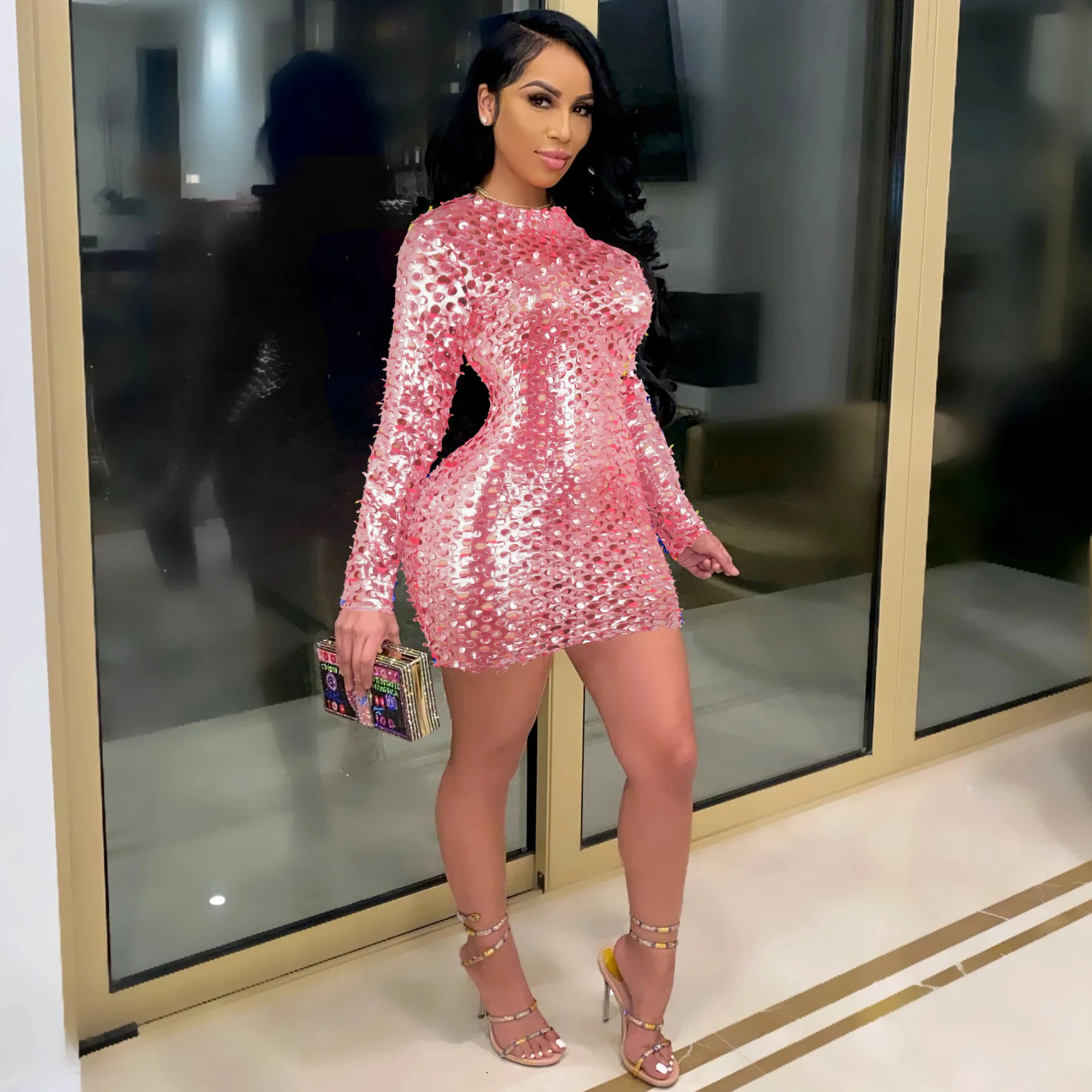

Sexy Cut Out Bodycon Mini Women Dress Elegant O Neck Long Sleeve Hole See Through Evening Club Party Dress Christmas Dress Robe