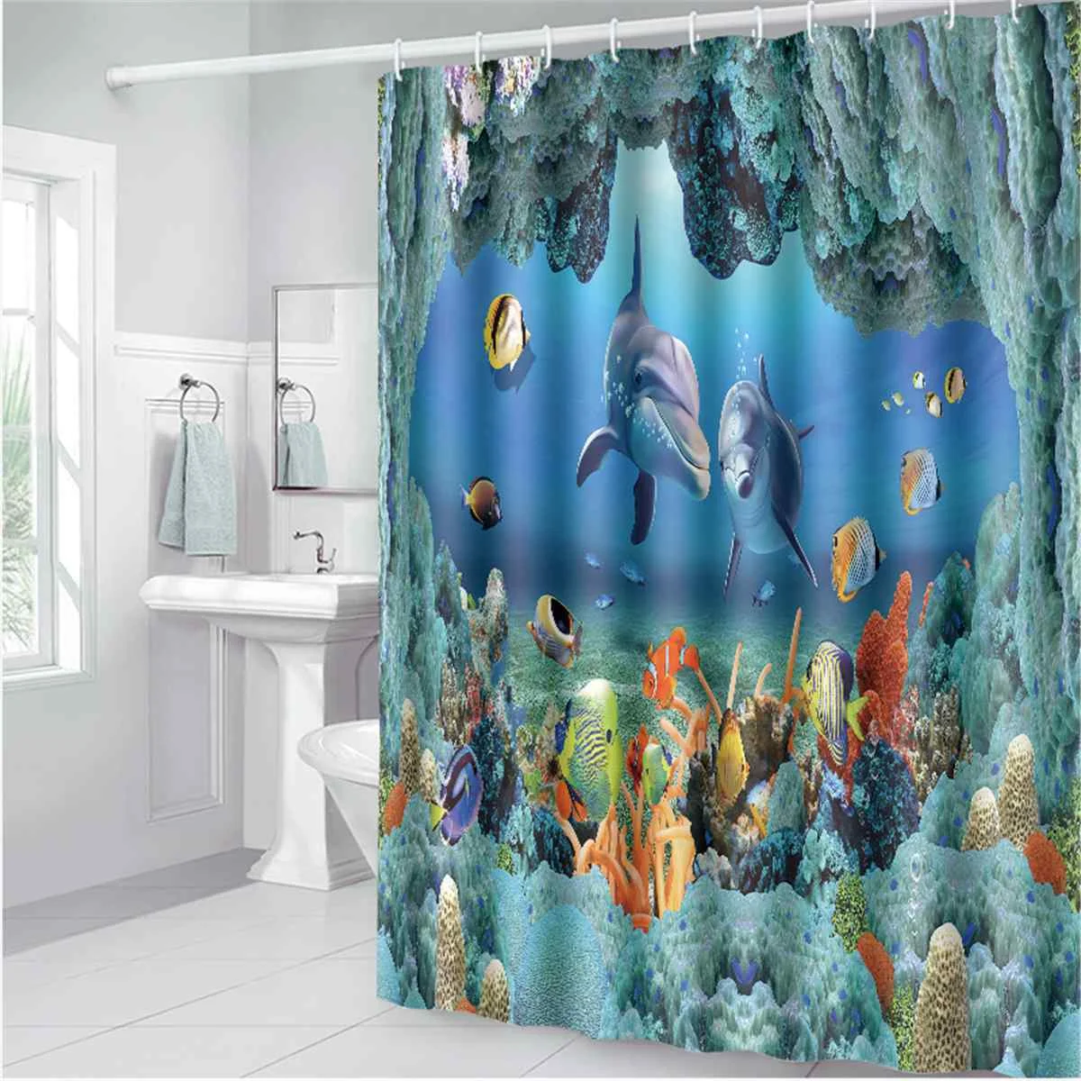 Fish in Deep Sea Nautical Shower Curtain Liner Bathroom Waterproof Bath Mat Rug