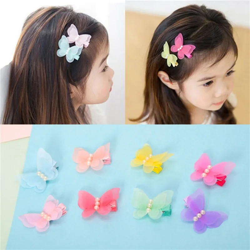 Заколки для волос девочек милые разноцветные заколки с бабочками и жемчугом