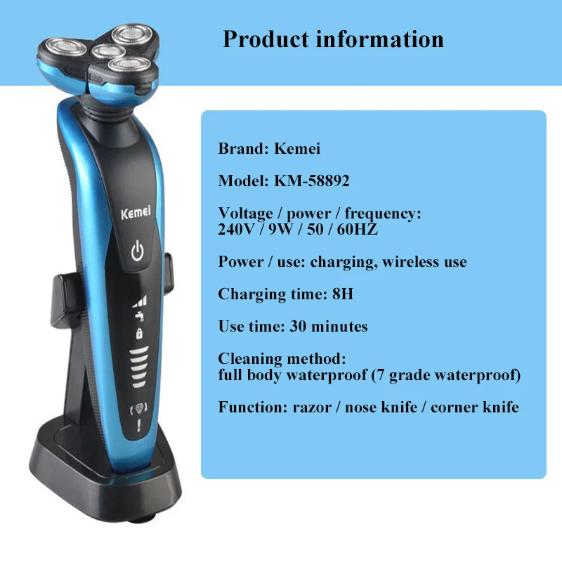 Kemei KM-58892, 3 в 1, электрические бритвы для мужчин, тройные лезвия, мужская электробритва, машинка для стрижки волос, водостойкий триммер для волос в носу