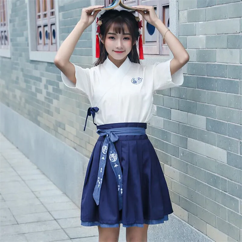 Древний китайский костюм Hanfu для девочек косплея современный Топ и юбка на