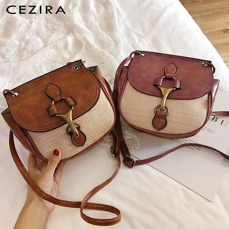 CEZIRA Fashion Vegan Leather Saddle Bag Women PU&Straw Patchwork Messenger Bag Ladies Flap Shoulder Bag Female Crossbody Handbag