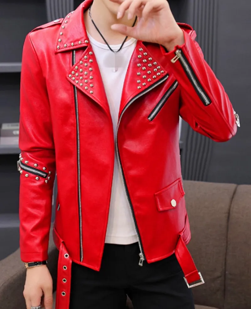 Мужская кожаная куртка с заклепками; модная мотоциклетная куртка на молнии в стиле панк; Повседневная тонкая куртка из искусственной кожи с отворотом для ночного клуба