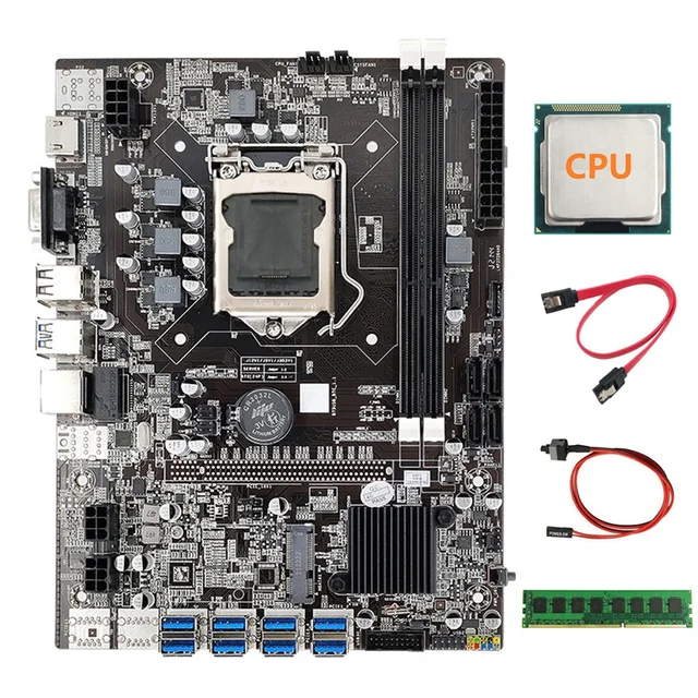 B75 ETH Mining Motherboard+CPU+DDR3 4GB 1600Mhz RAM+Switch Cable+SATA Cable 8XPCIE to USB DDR3 B75 BTC Miner Motherboard 2