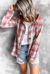 Jaqueta xadrez feminina outono inverno design de rua moda com capuz solto casaco xadrez de lã feminina jaqueta casual