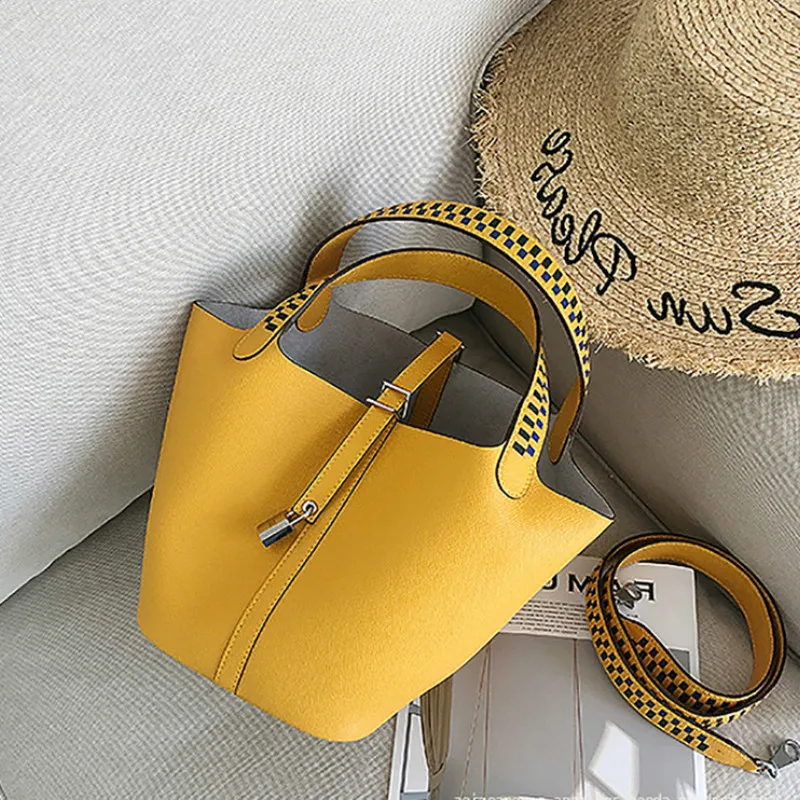 new colours wide shoulder appliance with joker bucket palmprint cowhide basket bag bag leather handbag