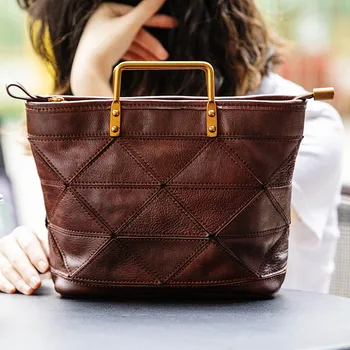 

Vintage art handmade suede leather handbag geometric mosaic tote bag imported vegetable tanned leather shoulder slung handbag