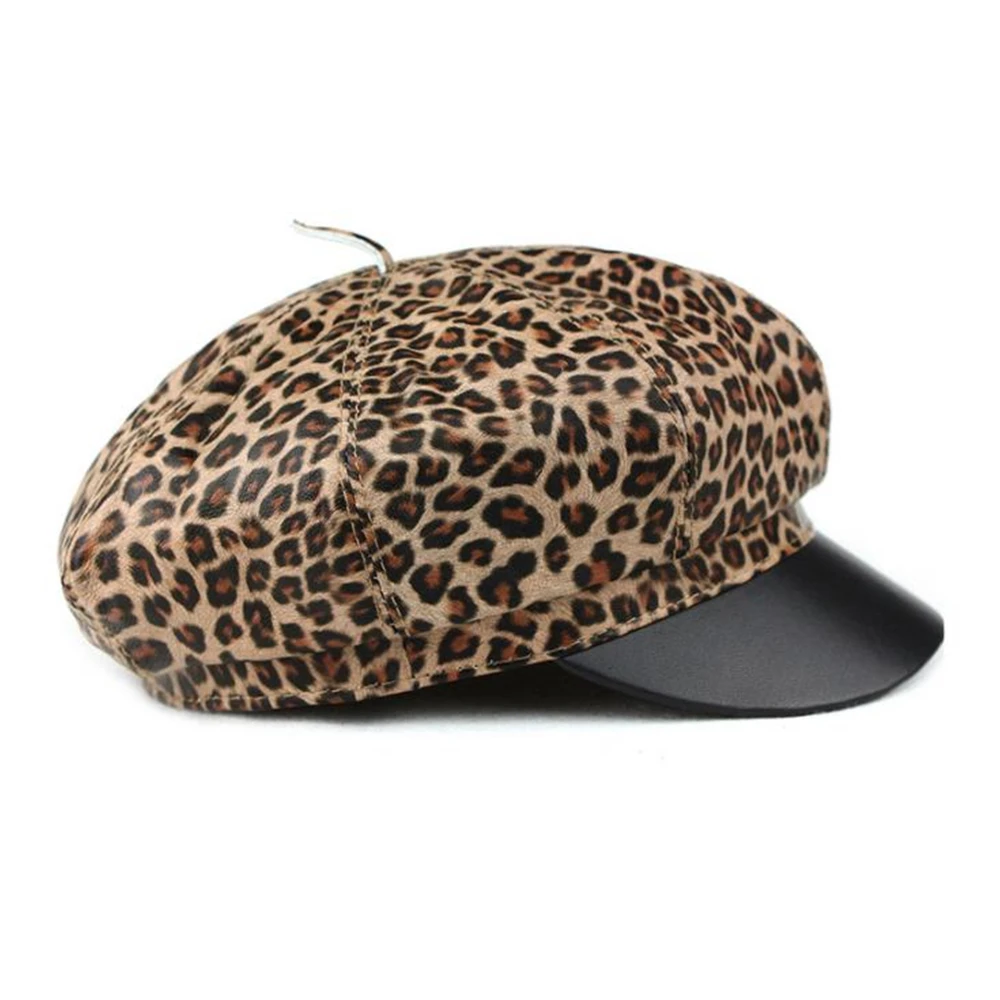 LA SPEZIA Leopard Newsboy Cap Winter Hats for Women Genuine Leather Painter Hat Real 100% Sheepskin Autumn Winter Ladies Beret