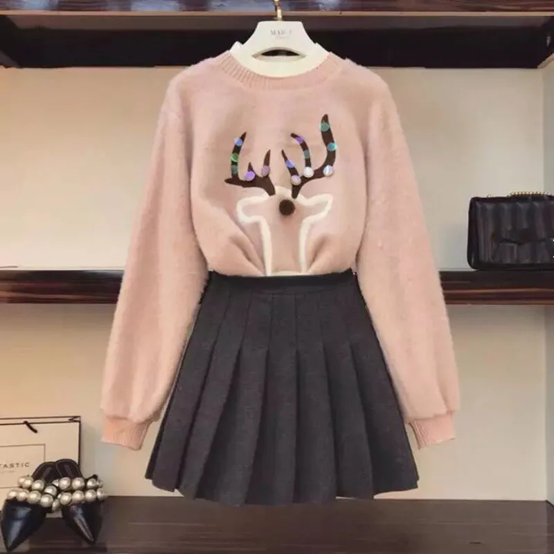 Harajuku Preppy style Deer pattern Sequined Pullover Pink Sweatshirt and Pleated Skirt Sets 2019 Autumn Winter Chic Set | Женская одежда