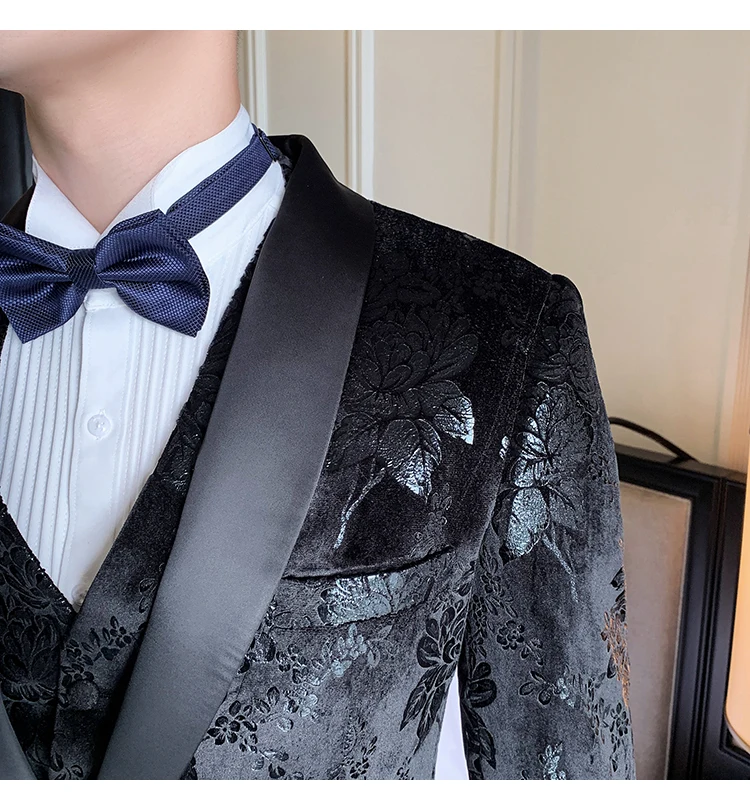 Роскошные костюмы мужской пиджак-смокинг Королевский Черный Vestito Uomo курить Slim Fit бархатные свадебные костюмы для мужчин сценические костюмы цветы
