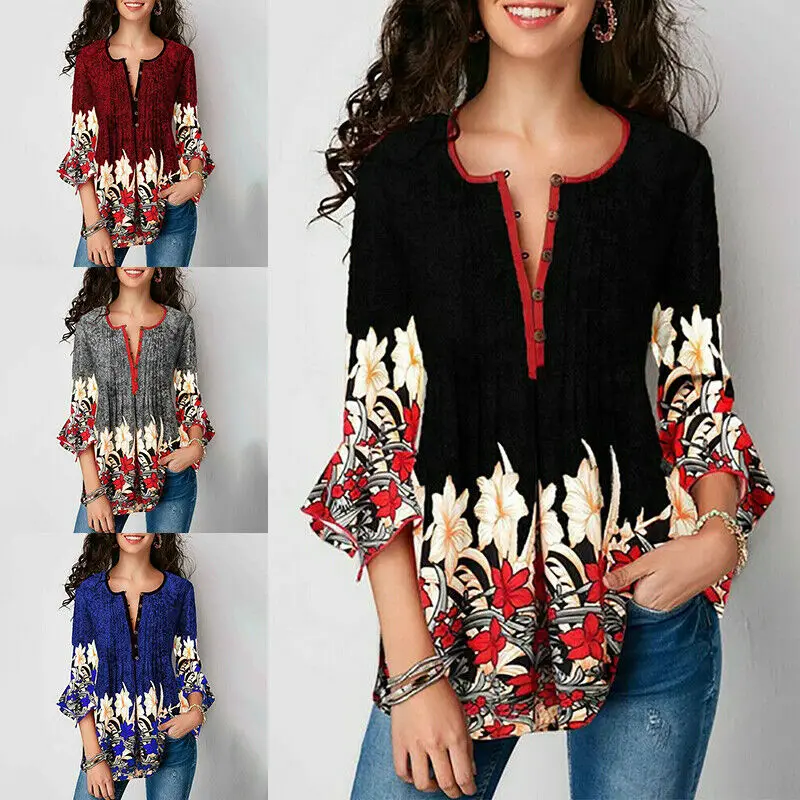 Autumn Elegant Women Ladies Boho Floral Loose Top Shirt 3/4 Sleeve Plus Size Tunic Blouse S-2XL tunic tops s-2xl size