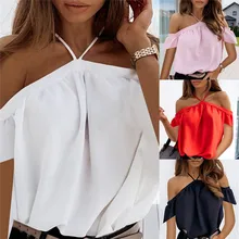Women 2021 Summer Off Shoulder Halter Blouse Shirts Sexy Backless Solid Color Tops Ladies Elegant Short Sleeve Shirt Blusas 2XL